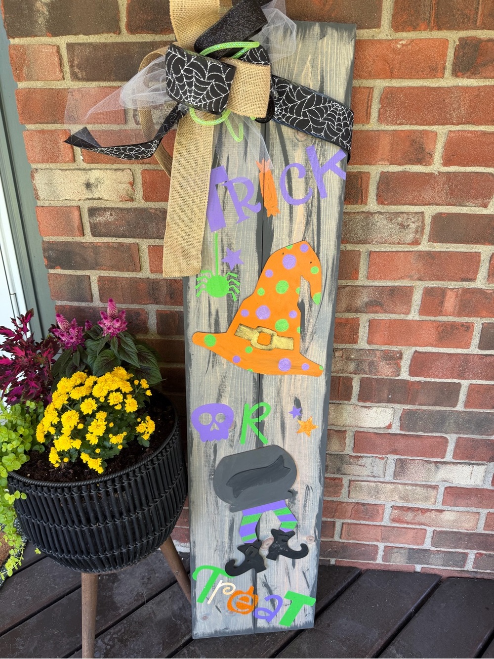 Handmade Halloween Witch Hat Wooden Porch Leaner - Orange & Purple